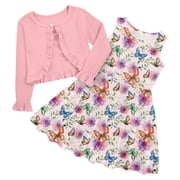 Aideaone Toddler Girl Sleeveless Dresses with Long Sleeve Ruffle Cardigan 2 Piece Fall Outfit Set for Little Girls 2T-8T
