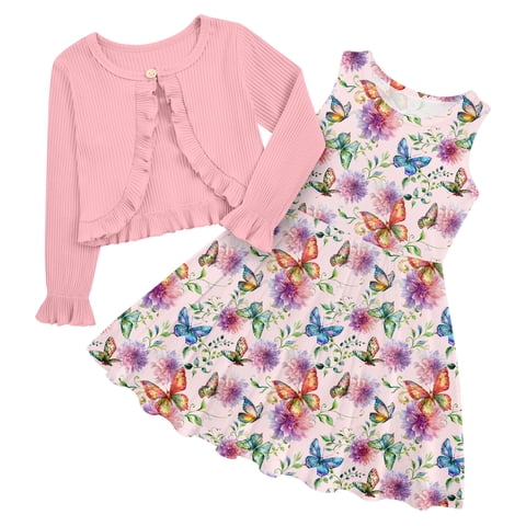 Toddler Girl Sleeveless Dresses with Long Sleeve Ruffle Cardigan 2 Piece Fall Outfit Set for Little Girls 2T-9T