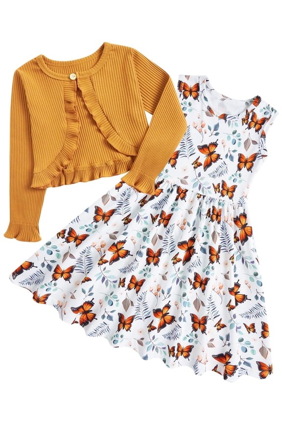 Toddler Girl Sleeveless Dresses and Long Sleeve Ruffle Cardigan 2 Piece Fall Outfits for 2-8T
