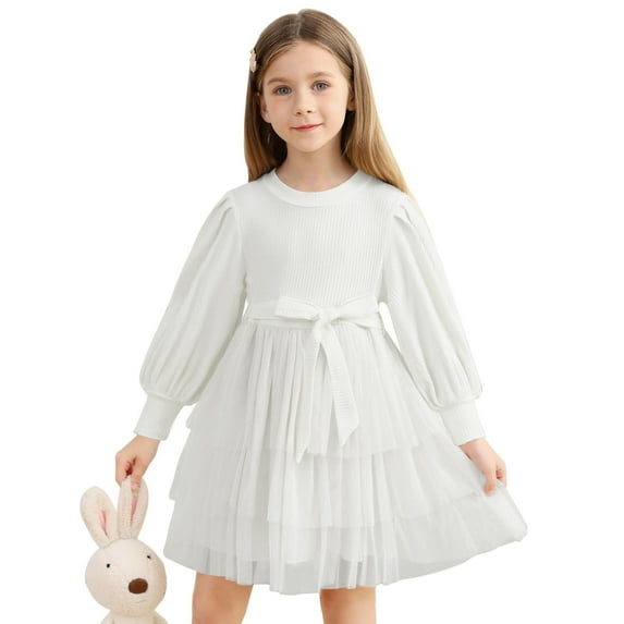 Lollipie Toddler Girl Tulle White Dress Puff Long Sleeves Tutu Dresses with Tie Belt for Princess Brithday Party 5-6 Years