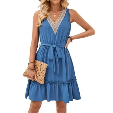 Lollipie Women's Summer Dresses Casual V-Neck Sleeveless Belted Beach Dress A-Line Tiered Swing Sundress Blue