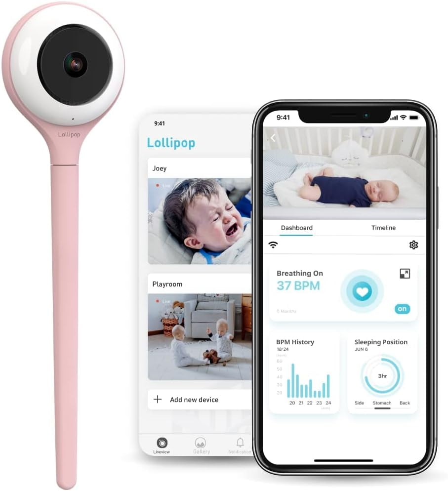 Lollipop Smart Wi-Fi Camera Baby Monitor – True Crying Detection, 2-Way Audio, Night Vision, Music, Mobile App | Cotton Candy | Ideal Baby Shower Gift