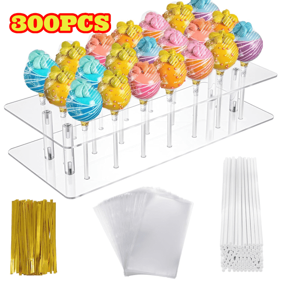 Lollipop Cake Pop Kit, 21 Holes Cake Pop Stand with 100 Cake Pop Sticks, 100 Clear Wrappers and 100 Gold Twist Ties, for Wedding Birthday Party