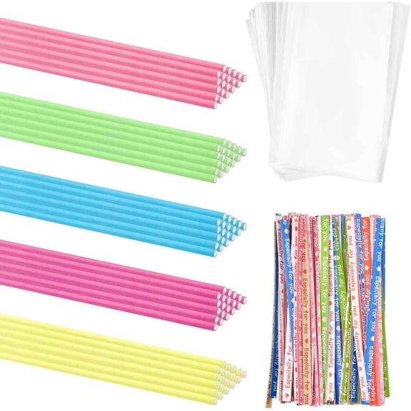 Lollipop Cake Pop Kits, Papery Sticks & Clear Candy Bags & Twist Tie Cake Pop Sticks and Wrappers for Making Lollipop Candy Chocolate Cookie Dessert