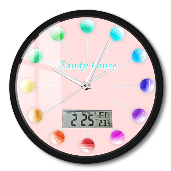 Lollipop Candy House Wall Clock with Digital LCD Module Shows Temperature Calendar Date Week