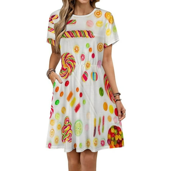 Lollipop Food Candy Dress Fashion Beach Short Sleeve Dresses Female Party Printed Sundress