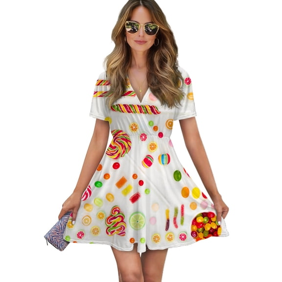 Lollipop Food Candy Women Dress V-Neck Short Sleeve Flowy Swing Party Midi Dress