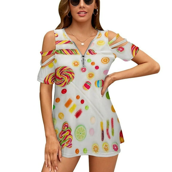 Lollipop Food Candy Womens Summer V Neck Zipper Top Short Sleeve T Shirt Off Shoulder Top Casual Classy Loose Shirts