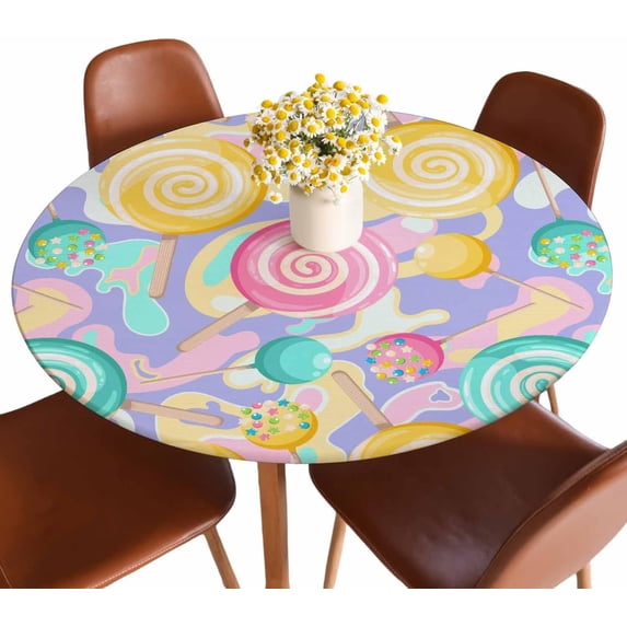 Lollipop Round Tablecloths Elastic Edged Sweet Dessert Candy Pinkblue Yellow Spiral Ball Tablecloths Washable Reusable Tablecloth for Kitchen Picnic Party 44 inch