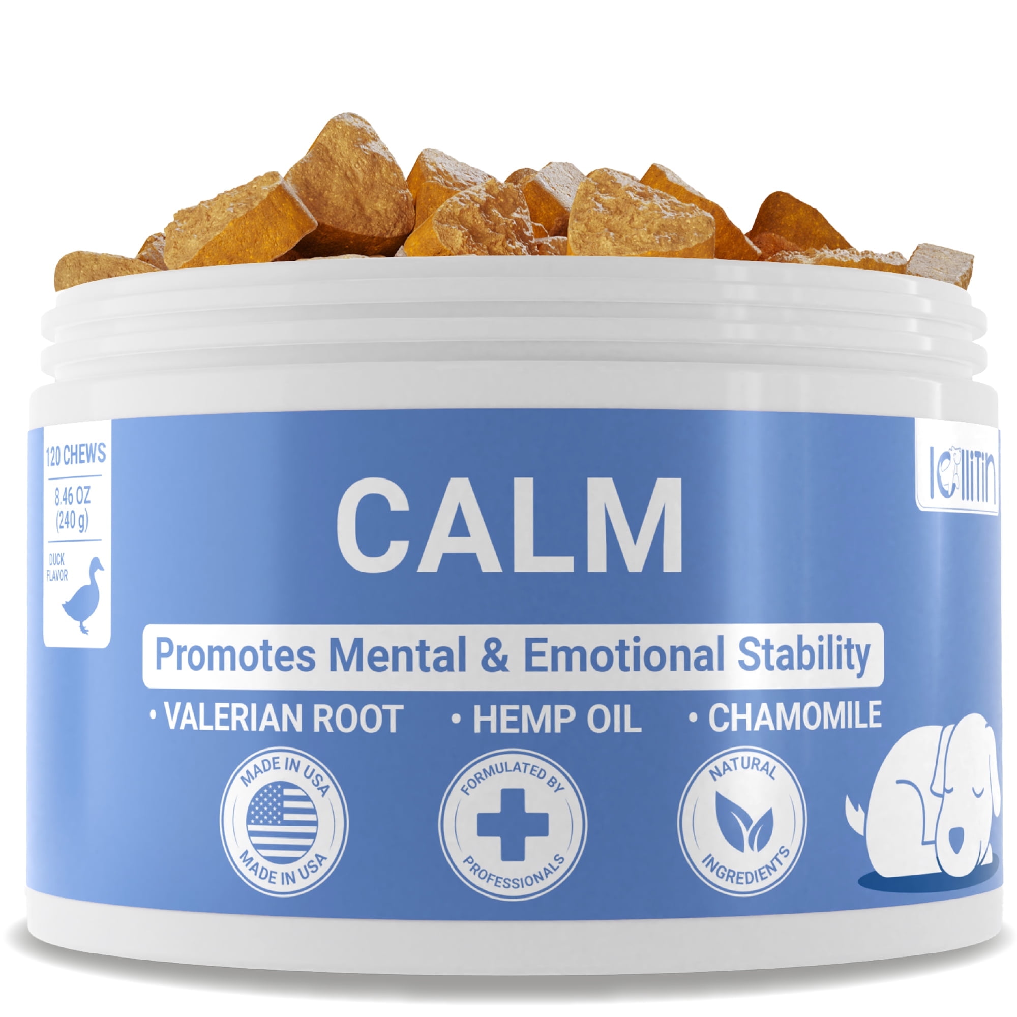 Lollitin Calm Dog Chews for Anxiety, Barks, Chewing, Fireworks Made in USA 120 Chews, All Natural - Duck