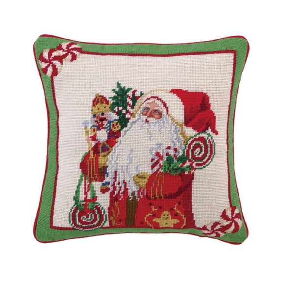 Lolly Jolly Santa Christmas Needlepoint Throw Pillow by Designer Lynn Haney - 12" x 12"