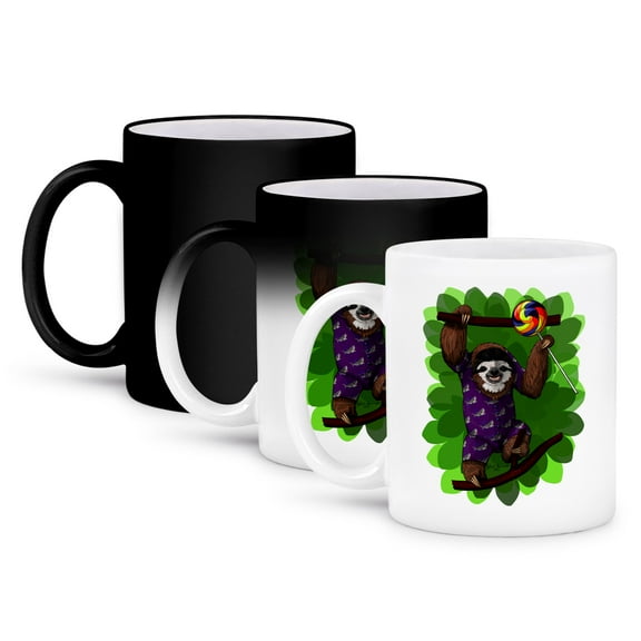 3dRose, Lolly Sloth. Happy sloth in pajamas with a sweet treat, 11oz Magic Transforming Mug