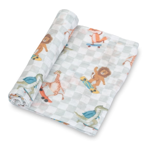 LollyBanks 100% Cotton Muslin Swaddle Blanket, Gentle and Soft Baby Blankets for Boys and Girls, Lightweight 47 x 47 Inches Newborn Receiving Blanket, Newborn Essentials (Animal Skate Print)
