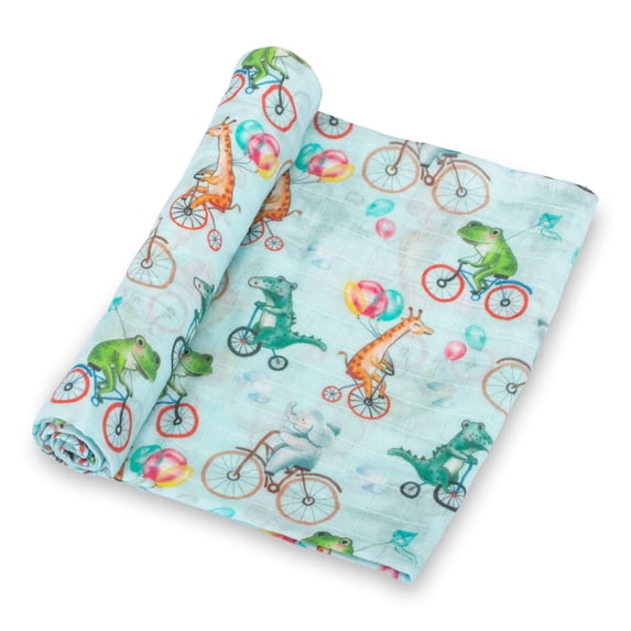 LollyBanks Baby Blanket, 100% Cotton Muslin Swaddle for Baby Boys and Girls, Soft and Breathable 47 x 47 Inches Receiving Blanket, Lightweight Newborn Swaddle Blankets, Registry (Animal Bike Print)