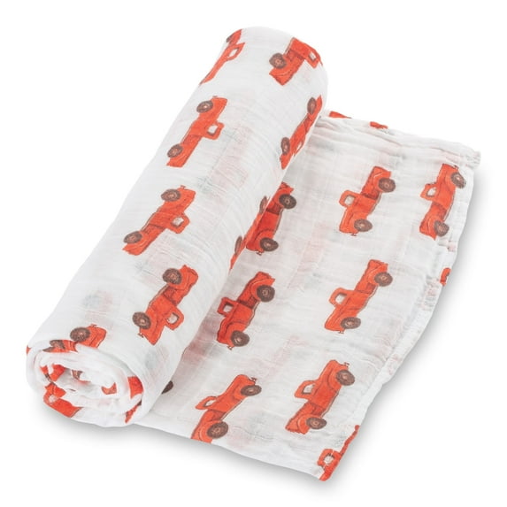 LollyBanks Baby Boy Muslin Swaddle Blanket Red Truck - 100% Muslin Cotton - 47"x47" - 1 Pack