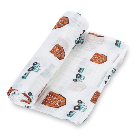 LollyBanks Baby Muslin Swaddle Blanket, Barn Prints Farm Theme, Unisex for Boys and Girls- 100% Muslin Cotton, 47"x47", 1 Pack