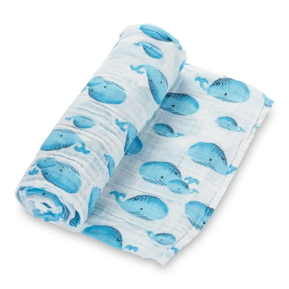 LollyBanks Blue Whale Baby Muslin Swaddle Blanket-Ocean Theme-100% Muslin Cotton, 47"x47", 1 Pack