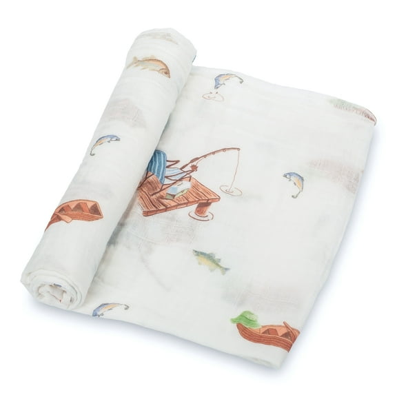 LollyBanks Fishing Activities Theme Baby Muslin Swaddle Blanket 100% Cotton 47"x47" 1 Pack