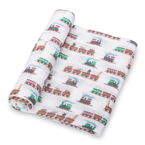 LollyBanks Muslin Swaddle Blankets, 100% Cotton Baby Blanket for Boys and Girls, Soft and Lightweight 47 x 47 Inches Infant Swaddle, Gentle Newborn Blankets, Baby Essentials (Animal Train Print)
