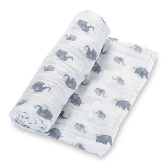 LollyBanks Muslin Swaddle Blankets, 100% Cotton Breathable Baby Blanket for Boys and Girls, Soft and Lightweight 47 x 47 Inches Newborn Swaddle Wrap, Baby Essentials (Elephant Print)