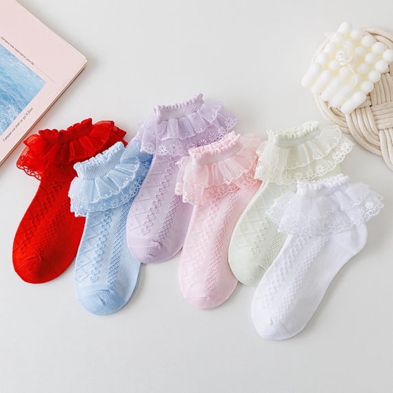 Lolmot 100%Cotton Socks for Girls Solid-Color Knit Casual Socks Warm Breathable Floor Socks Cute Ruffle Lace Trim Dance Socks