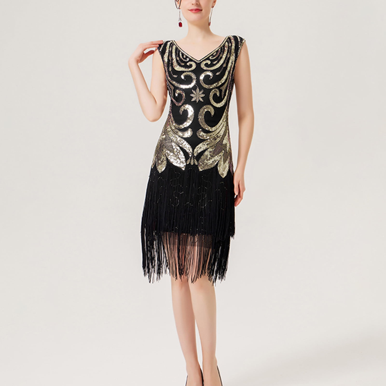 Lolmot 1920s Vintage Sequin Fringe Hem Gatsby Flapper Dress V-Neck  Sleeveless Prom Formal Cocktail Party Gowns - Walmart.com