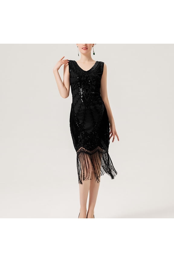 1920s Vintage Sequin Fringe Hem Gatsby Flapper Dress V-Neck Sleeveless Prom Formal Cocktail Party Gowns