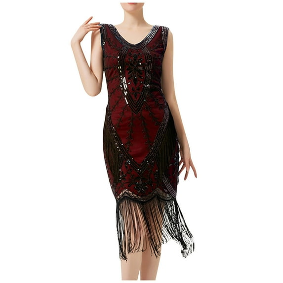 Lolmot 1920s Vintage Sequin Fringe Hem Gatsby Flapper Dress V-Neck Sleeveless Prom Formal Cocktail Party Gowns