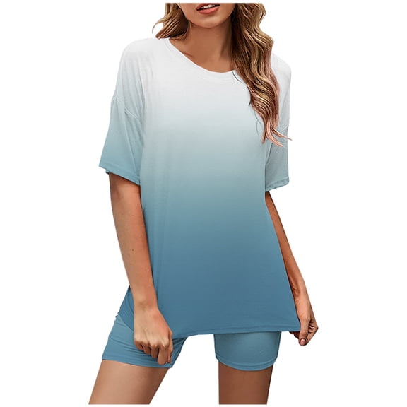 Lolmot 2 Piece Outfits for Women Workout Track Suits Short Sleeve Round Neck Gradient Color Top and Biker Shorts Set Summer Casual Jogger Sports Yoga Suits