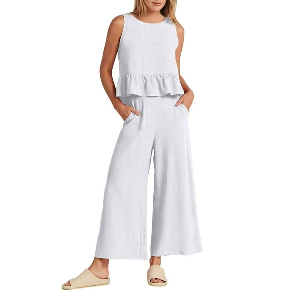 Lolmot 2 Piece Outfits for Women Fashion Round Neck Solid Sleeveless Blouse +Loose Pockets Pants Sets Summer Outfits Sets Wide Leg Trousers
