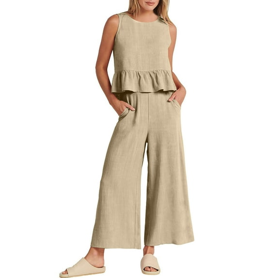 Lolmot 2 Piece Outfits for Women Fashion Round Neck Solid Sleeveless Blouse +Loose Pockets Pants Sets Summer Outfits Sets Wide Leg Trousers