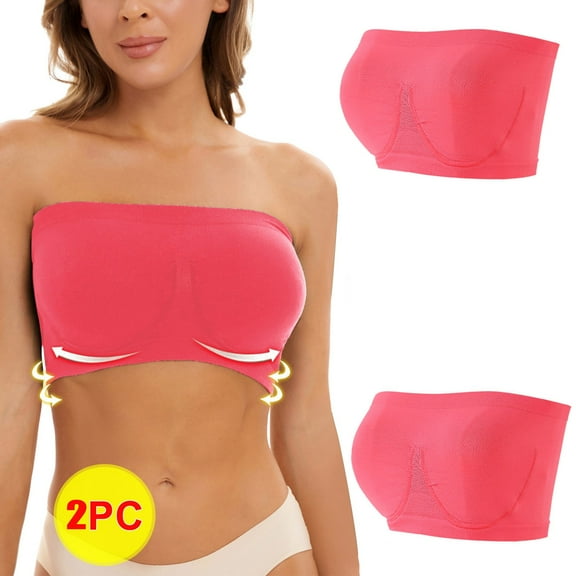 Under $5,Lolmot 2PC Strapless Bras for Women Plus Size Bandeau Crop Tube Top Non Padded Wireless Bra Comfortable Stretch Pink Strapless Bralette Gifts