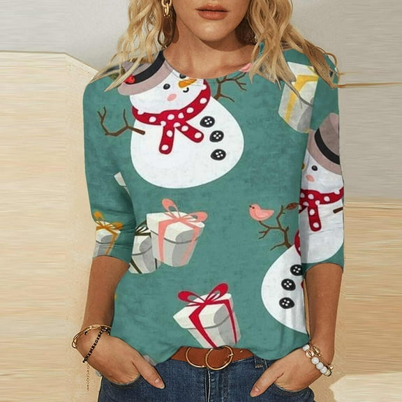 Lolmot 3/4 Length Sleeve Womens Tops Christmas Snowflakes Snowmen Christmas Tree Printed Loose Fit Blouse Tunic Fashion Plus Size Round Neck Shirt Tee Fall Holiday Tops