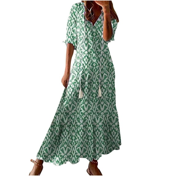 Lolmot 3/4 Sleeve Midi Dress for Women, Fashion Summer Casual Fashion Short Sleeve V-Neck Printing Swing Dress Bohemian Dress Fringed Long Dress