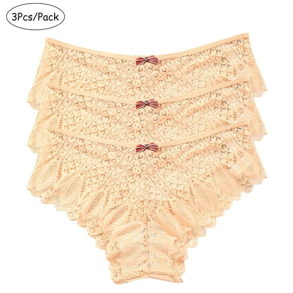 Lolmot 3 PCS Women Floral Lace Underwear Cut Out Scallop Trim Panty Midi Waist Brief Panties Stretch Invisible Seamless Bikini Lace Panties