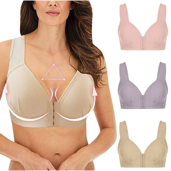 Lolmot 3 Pack Front Closure Bras for Women Plus Size Wirefree Push Up Bras Glossy Solid Color Seamless Comfort Full Coverage Underwear Bras