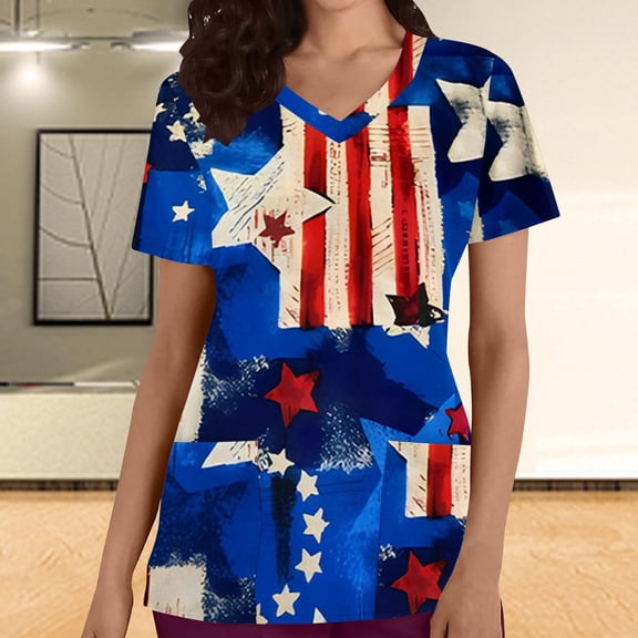 Up to 65 off!Lolmot 4th of July Scrub Tops Women V Neck American Flag Prints Tshirts Independence Day Patriotic Working Uniforms Pocketed Holiday Shirt