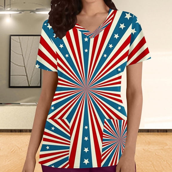 Up to 65 off!Lolmot 4th of July Scrub Tops Women V Neck American Flag Prints Tshirts Independence Day Patriotic Working Uniforms Pocketed Holiday Shirt