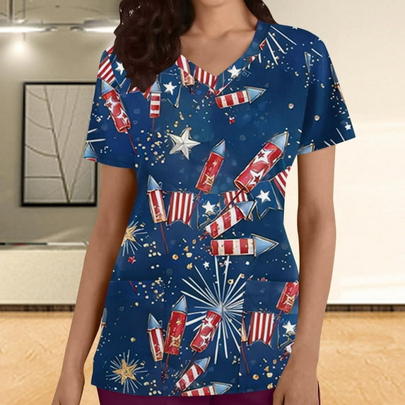 Up to 65 off!Lolmot 4th of July Scrub Tops Women V Neck American Flag Prints Tshirts Independence Day Patriotic Working Uniforms Pocketed Holiday Shirt
