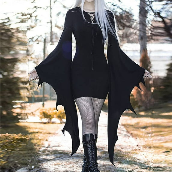 Lolmot Black Dresses for Women Halloween Goth Dress Halloween Costumes Cosplay Gothic Punk Bodycon Dress Sexy V-Neck Bat Wings Sleeves Mini Dress