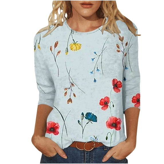 Lolmot Blouses for Women Dressy Casual Ladies Tops and Blouses 3/4 Sleeve Mid Length Crew Neck Tee Flower Printed Fashion Casual Spring Summer Tops