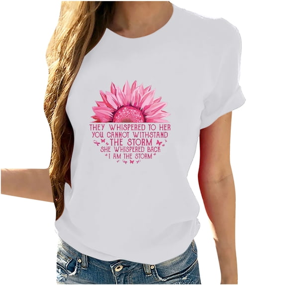 Lolmot Breast Cancer Gift Shirts for Women Pink Ribbon Letter Print Crew Neck Short Sleeve Tops Breast Cancer Awareness T-Shirt