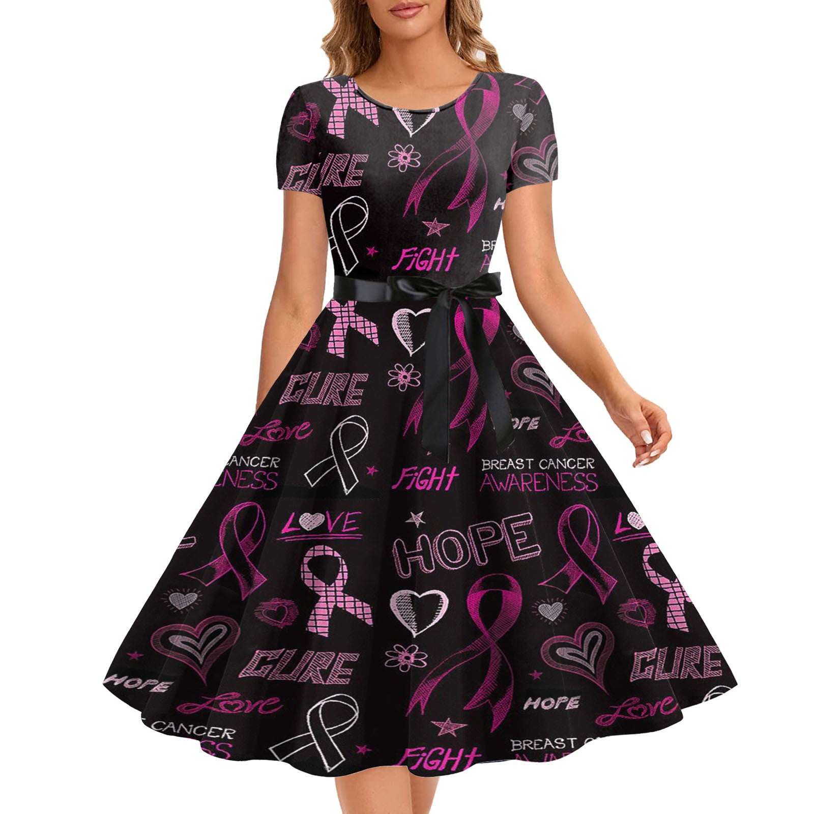 Lolmot Breast Cancer Rockabilly Dress for Women Pink Ribbon Print Short ...