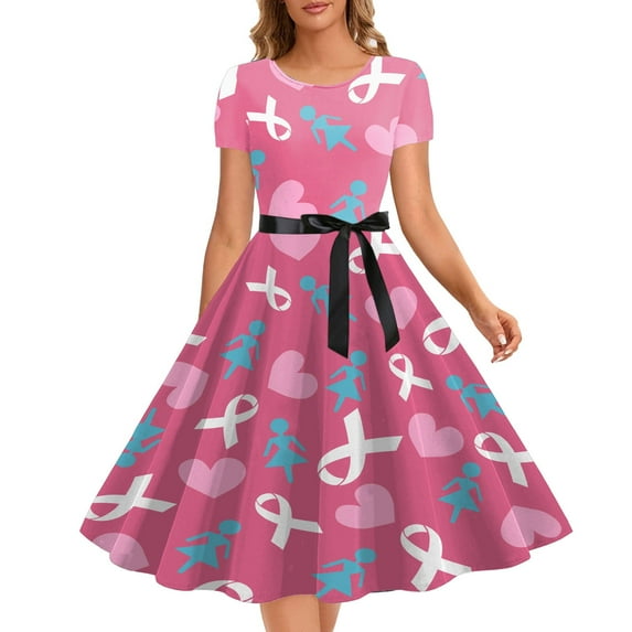 Lolmot Breast Cancer Rockabilly Dress for Women Pink Ribbon Print Short Sleeve Round Neck Cocktail Swing Dress Cancer Fight Awareness Flowy Dress