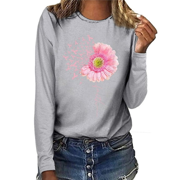 Up to 65 off!Lolmot Breast Cancer Tshirt Womens Sunflower Print T Shirts Pink Ribbon Graphic Tees Casual Long Sleeve Tops Pullover Blouse