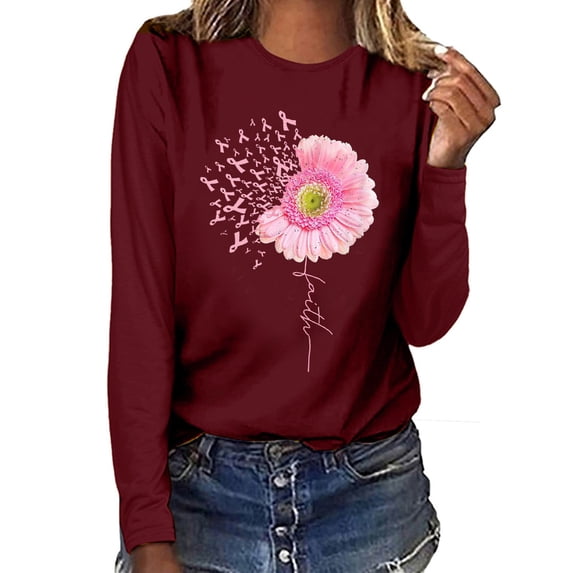 Up to 65 off!Lolmot Breast Cancer Tshirt Womens Sunflower Print T Shirts Pink Ribbon Graphic Tees Casual Long Sleeve Tops Pullover Blouse