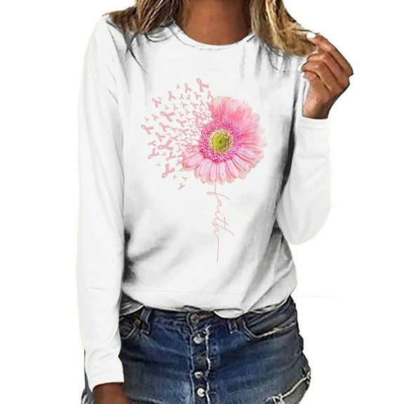Lolmot Breast Cancer Tshirt Womens Sunflower Print T Shirts Pink Ribbon Graphic Tees Casual Long Sleeve Tops Pullover Blouse