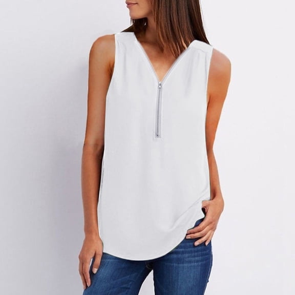 Lolmot Business Casual Clothes for Women Plus Size Tank Tops Summer Solid Color Zip Front V Neck Sleeveless Shirts Loose Fit Tunic Tops