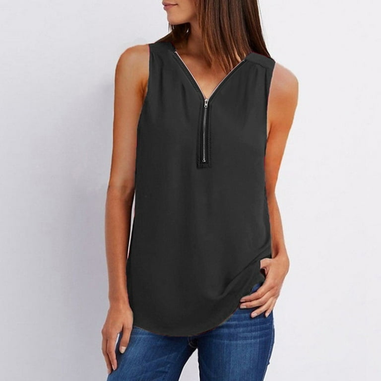 Lolmot Business Casual Clothes for Women Plus Size Tank Tops Summer Solid  Color Zip Front V Neck Sleeveless Shirts Loose Fit Tunic Tops on Clearance  