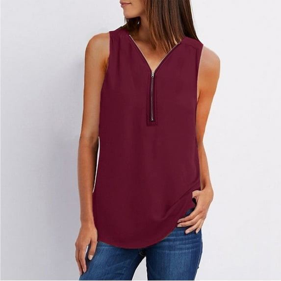 Under $5.00,Lolmot Business Casual Clothes for Women Plus Size Tank Tops Summer Solid Color Zip Front V Neck Sleeveless Shirts Loose Fit Tunic Tops